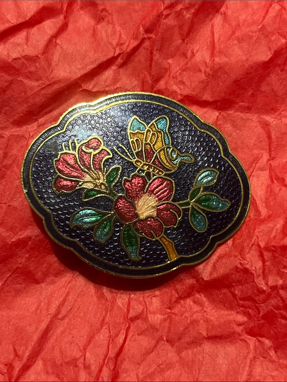 Vintage Black Enamel Floral & Butterfly Belt buckle/sash slide/obidome